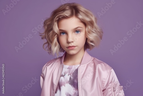 Medium shot portrait photography of a tender kid female wearing a sleek bomber jacket against a lilac purple background. With generative AI technology