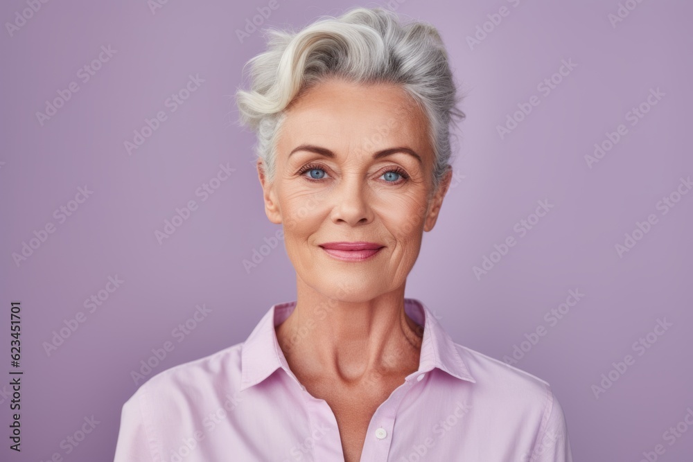 Close-up portrait photography of a tender mature woman wearing a casual short-sleeve shirt against a lilac purple background. With generative AI technology Close-up portrait photography of a tender mature woman wearing a casual short-sleeve shirt against a lilac purple background. With generative AI technology