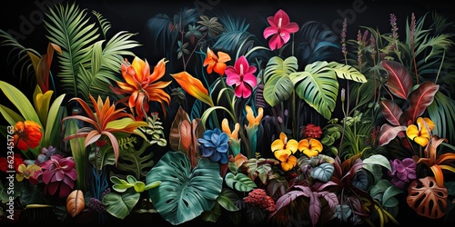 AI Generated. AI Generative. Notanical herbal exotic tropical plants herbs flowers botanical foliage background nature jungle lanfscape. Graphic Art
