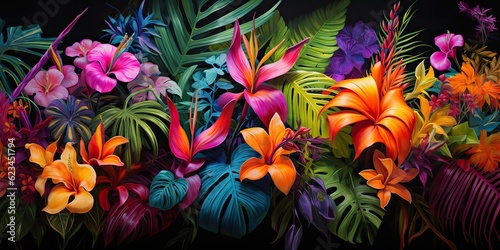 Fototapeta Naklejka Na Ścianę i Meble -  AI Generated. AI Generative. Notanical herbal exotic tropical plants herbs flowers botanical foliage background nature jungle lanfscape. Graphic Art