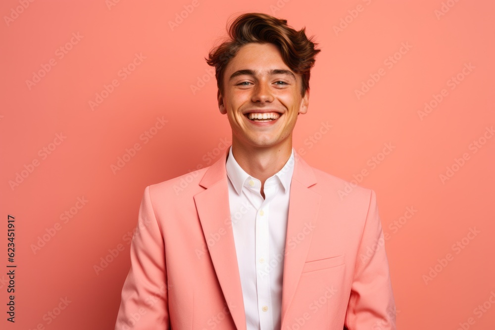 Close-up portrait photography of a joyful boy in his 20s wearing a classic blazer against a coral pink background. With generative AI technology
