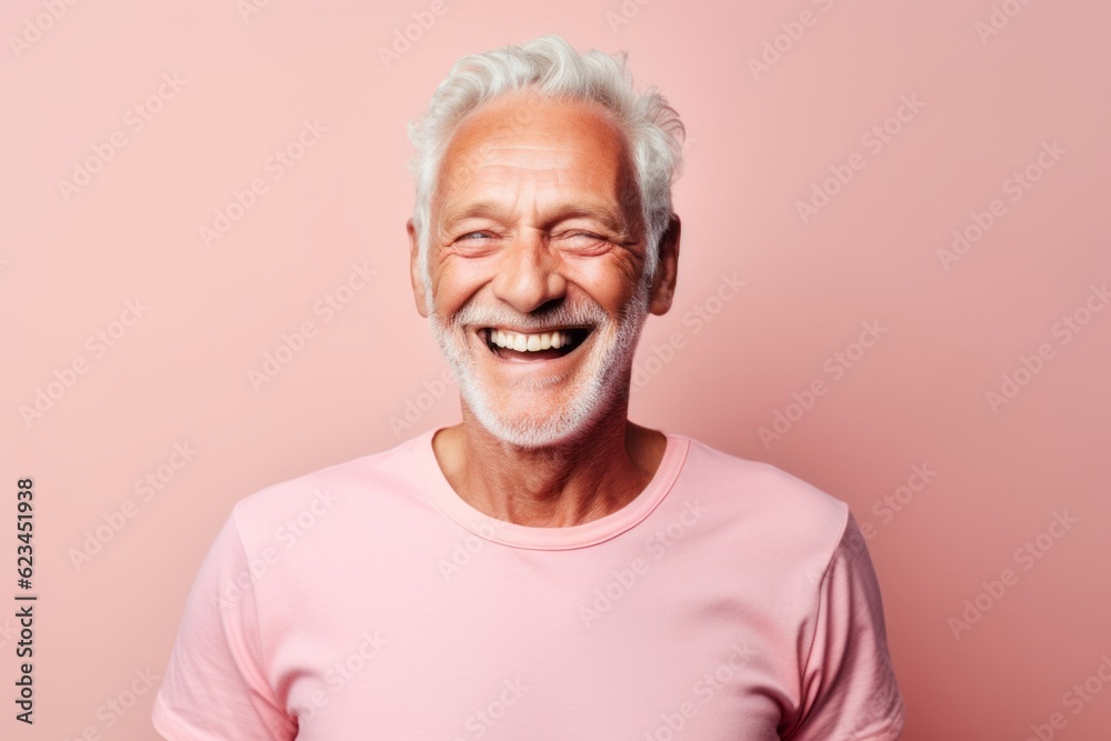 Close-up portrait photography of a joyful old man wearing a casual t-shirt against a coral pink background. With generative AI technology Close-up portrait photography of a joyful old man wearing a casual t-shirt against a coral pink background. With generative AI technology