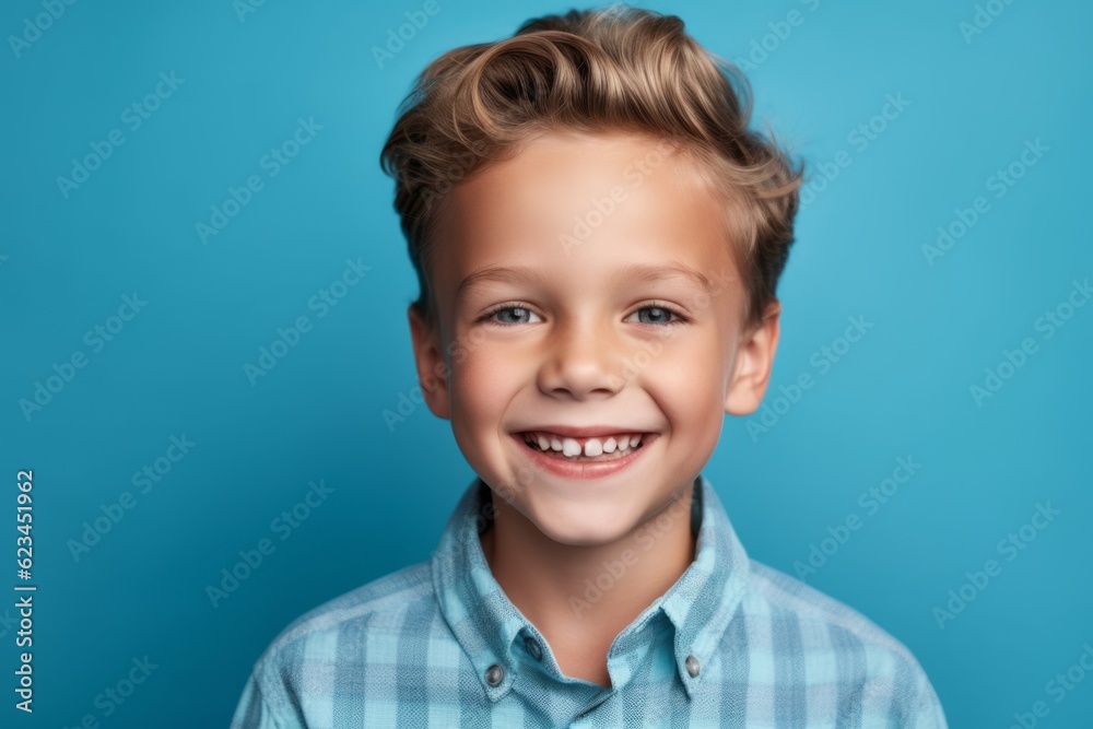 Close-up portrait photography of a satisfied kid male wearing a casual short-sleeve shirt against a cerulean blue background. With generative AI technology Close-up portrait photography of a satisfied kid male wearing a casual short-sleeve shirt against a cerulean blue background. With generative AI technology