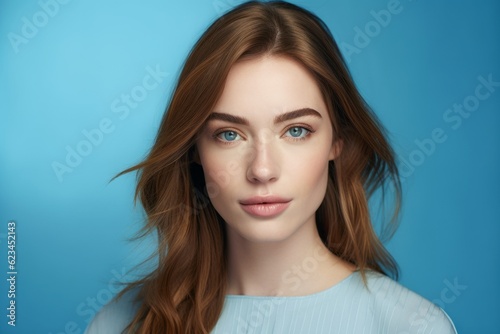 Close-up portrait photography of a satisfied girl in her 20s wearing a simple tunic against a cerulean blue background. With generative AI technology