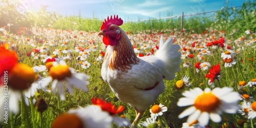 Fototapete chicken at flowers meadow