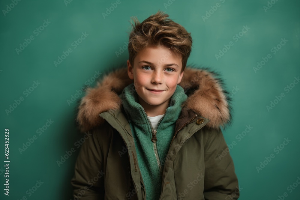 Lifestyle portrait photography of a tender boy in his 30s wearing a cozy winter coat against a spearmint green background. With generative AI technology Lifestyle portrait photography of a tender boy in his 30s wearing a cozy winter coat against a spearmint green background. With generative AI technology