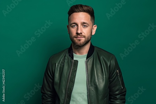 Headshot portrait photography of a glad boy in his 30s wearing a sleek bomber jacket against a spearmint green background. With generative AI technology