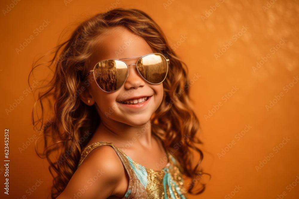 Lifestyle portrait photography of a glad kid female wearing a cute swimsuit and trendy sunglasses against a gold background. With generative AI technology Lifestyle portrait photography of a glad kid female wearing a cute swimsuit and trendy sunglasses against a gold background. With generative AI technology