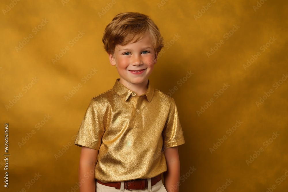 Close-up portrait photography of a satisfied kid male wearing knee-length shorts against a gold background. With generative AI technology Close-up portrait photography of a satisfied kid male wearing knee-length shorts against a gold background. With generative AI technology