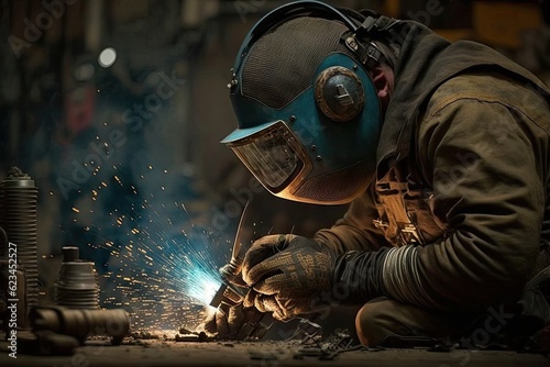 Welder in protective mask welding metal with sparks at industrial construction site