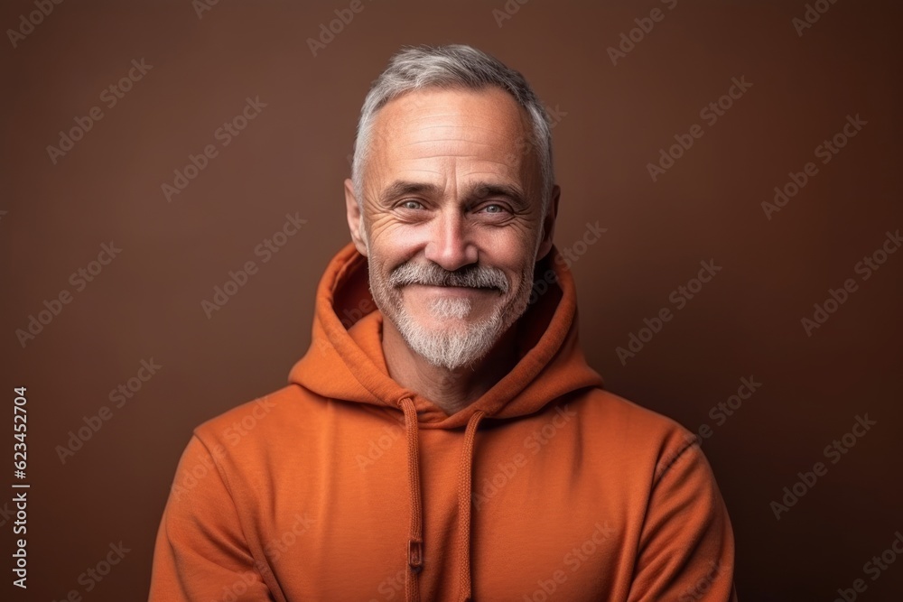 Medium shot portrait photography of a grinning mature man wearing a stylish hoodie against a copper brown background. With generative AI technology