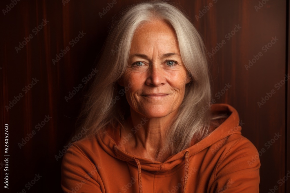 Fototapeta premium Photography in the style of pensive portraiture of a grinning mature woman wearing a comfortable hoodie against a copper brown background. With generative AI technology