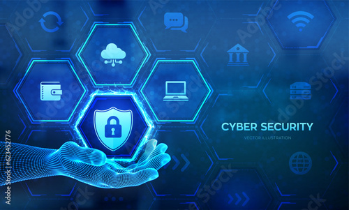 Cyber Security. Data protection business concept on virtual screen. Shield protect icon in wireframe hand. Internet privacy safety. Antivirus interface. Vector illustration.