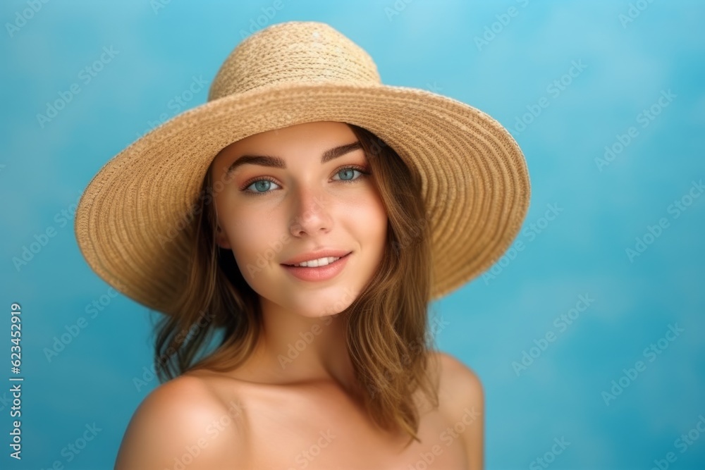 Medium shot portrait photography of a tender girl in her 20s wearing a trendy bikini and straw hat against a periwinkle blue background. With generative AI technology