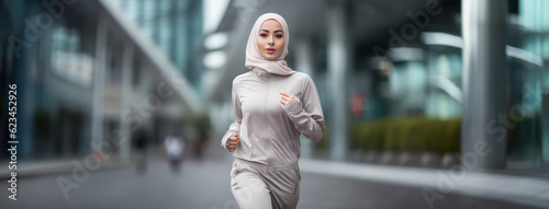 attractive woman in tracksuit running wearing turban or hijab head scarf for diversity and middle east healthy lifestyle concepts as wide banner with copy space area - Generative AI photo