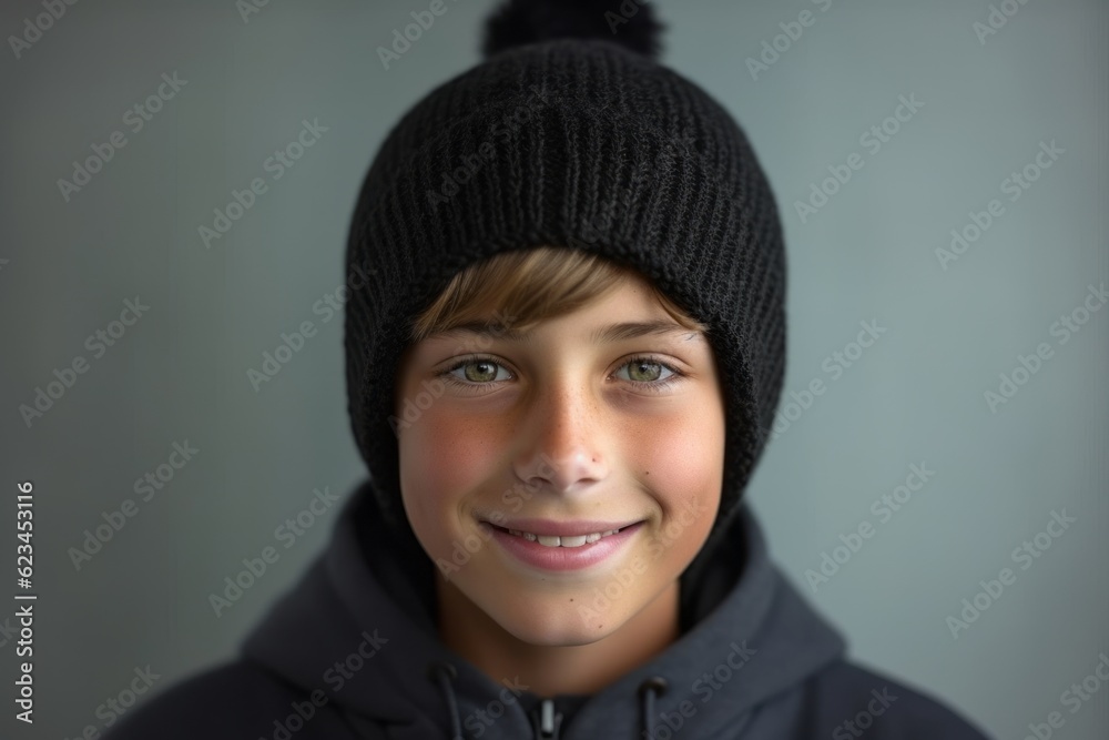 Close-up portrait photography of a joyful boy in his 20s wearing a warm beanie or knit hat against a minimalist or empty room background. With generative AI technology Close-up portrait photography of a joyful boy in his 20s wearing a warm beanie or knit hat against a minimalist or empty room background. With generative AI technology