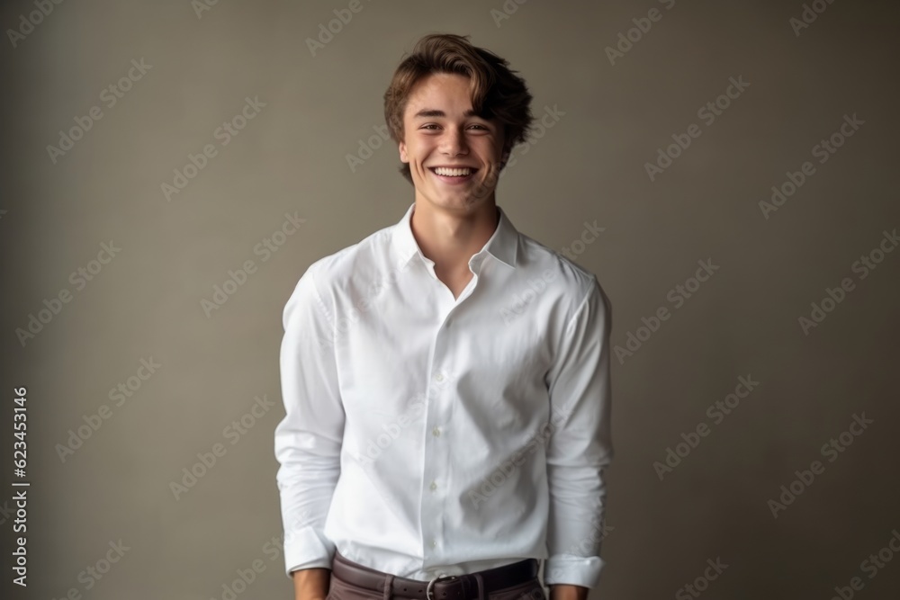 Obraz premium Medium shot portrait photography of a grinning boy in his 20s wearing an elegant long-sleeve shirt against a minimalist or empty room background. With generative AI technology