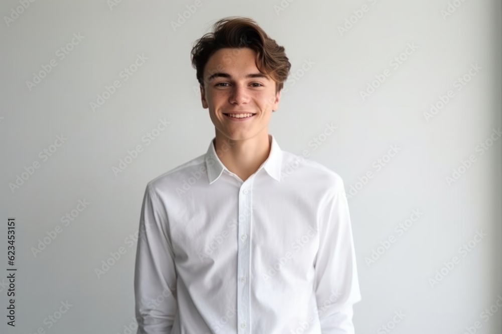 Medium shot portrait photography of a grinning boy in his 20s wearing an elegant long-sleeve shirt against a minimalist or empty room background. With generative AI technology Medium shot portrait photography of a grinning boy in his 20s wearing an elegant long-sleeve shirt against a minimalist or empty room background. With generative AI technology
