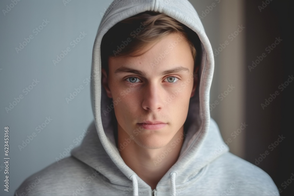 Close-up portrait photography of a beautiful boy in his 20s wearing a cozy zip-up hoodie against a minimalist or empty room background. With generative AI technology Close-up portrait photography of a beautiful boy in his 20s wearing a cozy zip-up hoodie against a minimalist or empty room background. With generative AI technology