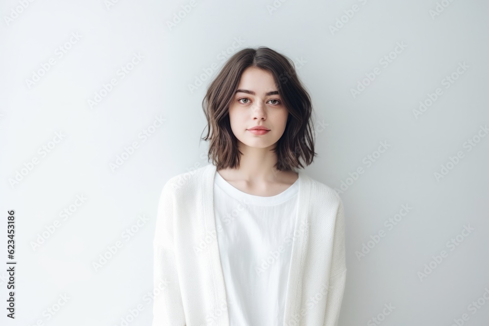 Conceptual portrait photography of a satisfied girl in her 20s wearing a chic cardigan against a minimalist or empty room background. With generative AI technology Conceptual portrait photography of a satisfied girl in her 20s wearing a chic cardigan against a minimalist or empty room background. With generative AI technology