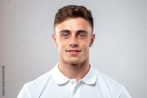 Close-up portrait photography of a glad boy in his 20s wearing a sporty polo shirt against a minimalist or empty room background. With generative AI technology © Markus Schröder