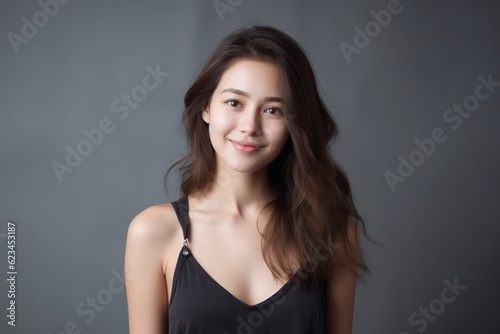 Close-up portrait photography of a satisfied girl in her 20s wearing a chic jumpsuit against a minimalist or empty room background. With generative AI technology © Markus Schröder
