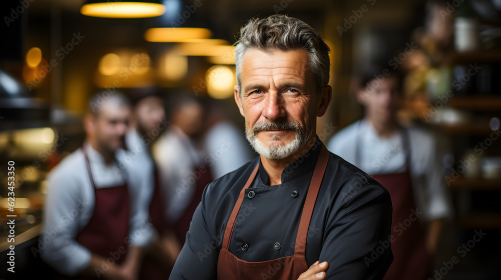 Chef at the kitchen. Chef standing confidently with his arms crossed looking at the camera with the team in the background. Generative AI Chef at the kitchen. Chef standing confidently with his arms crossed looking at the camera with the team in the background. Generative AI