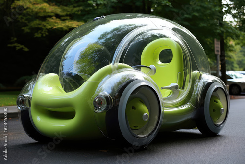 Cute green eco friendly bubble shaped compact one-seat electric car with a smiling grille parked on the street with park and trees in the background