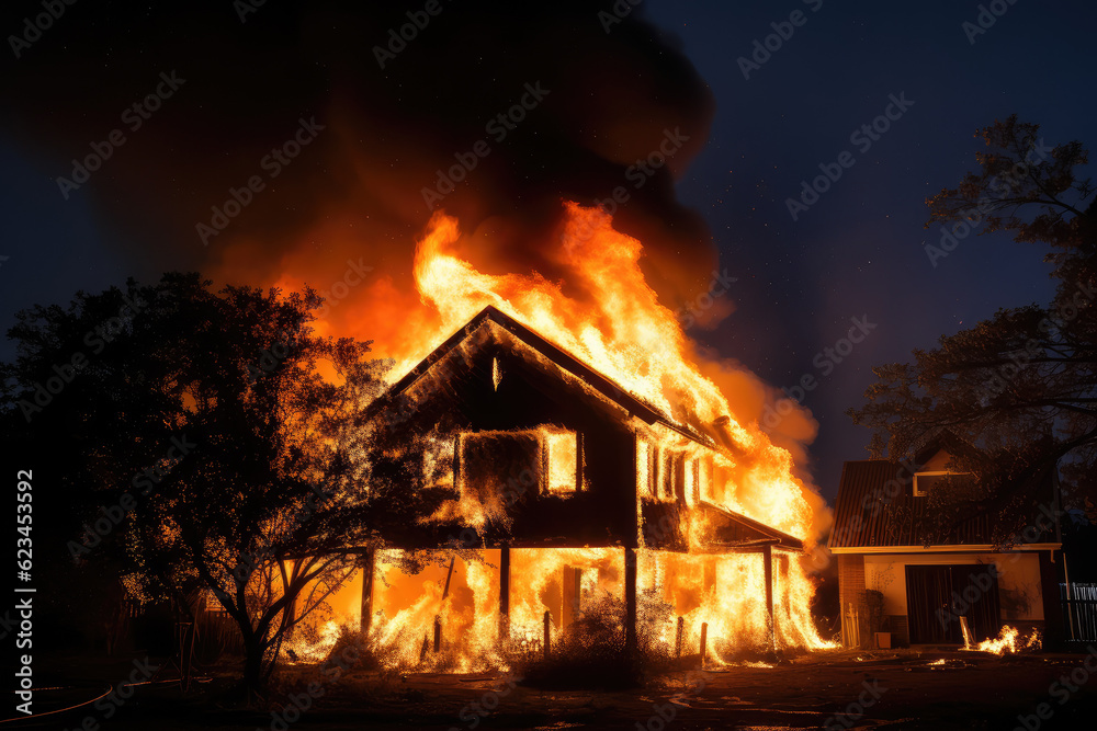 A wooden house is being consumed by fire A wooden house is being consumed by fire