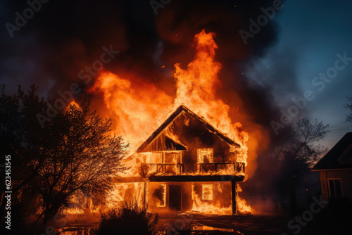 A wooden house is being consumed by fire