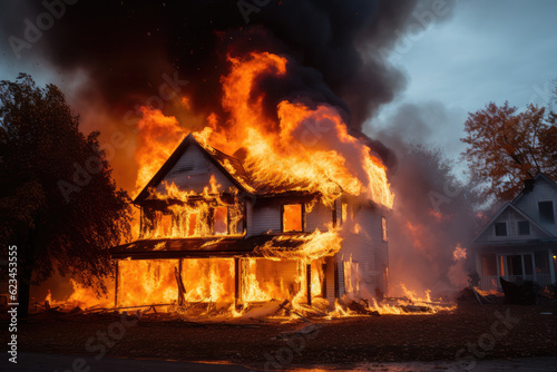 A wooden house is burning with a raging fire