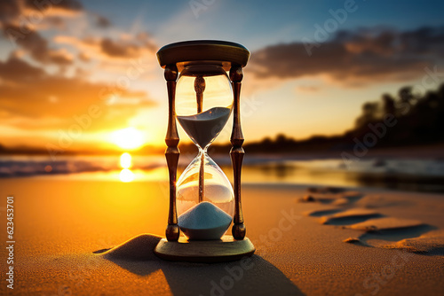 A glass hourglass is keeping time and is placed on a beautiful beach at sunset