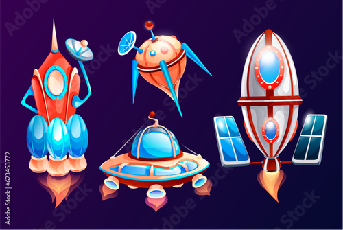 Space or cosmos icons for cartoon game. Rocket, satellite, spaceship, ufo icons at dark background. Set or collection space game elements. Space theme, galaxy concept. Colorful vector icons
