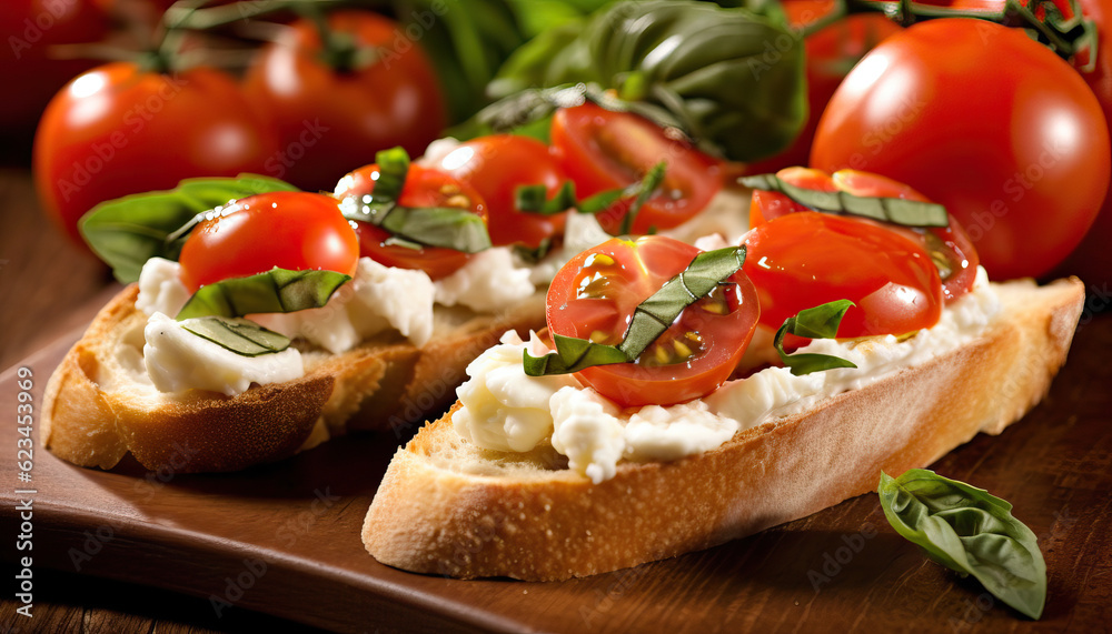 bruschetta with tomato and basil,salad with tomato and cheese,Food Photography, Food Close-up bruschetta with tomato and basil,salad with tomato and cheese,Food Photography, Food Close-up