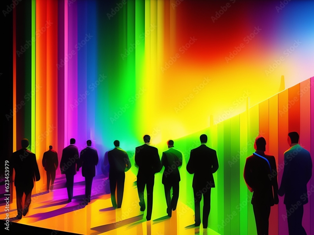 Silhuetas de pessoas de negócios em fundo abstrato arco-íris.  renderização 3D.