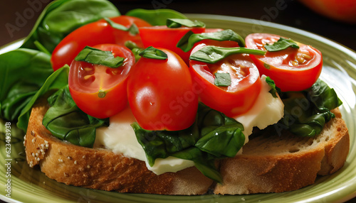 bruschetta with tomato and basil,salad with tomato and cheese,Food Photography, Food Close-up