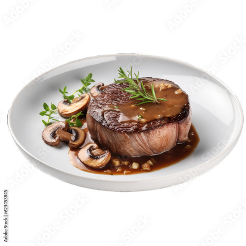 Beef Steak with Mushroom Sauce isolated on transparent background. Generative AI