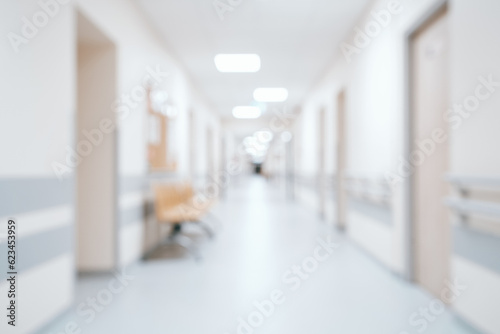 Bright, empty defocused hospital corridor background with copy space