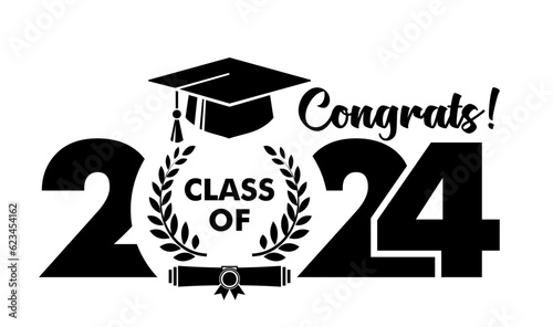 Graduate class template logo with diploma, laurel wreath and graduation cap. Vector on transparent background