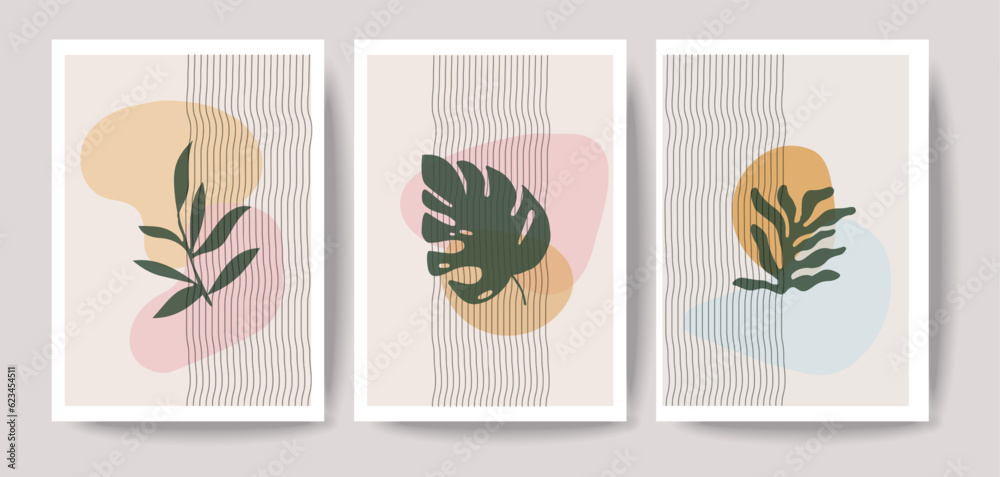 Set of posters with elements of monstera leaf plants and abstract shapes, modern tropical graphic design. Perfect for poster, cover, invitation, brochure, social media or digital print. Vector illust	
