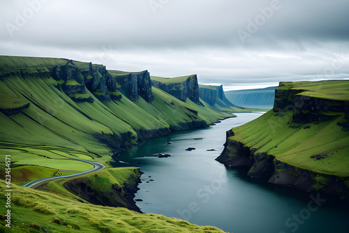 A river flows quietly through a green hillside © KI