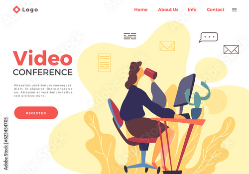 Landing page template with woman holding a video conference with colleagues or friends, online communication concept. Female sitting at the table with computer, drinking cofee, videoconferencing