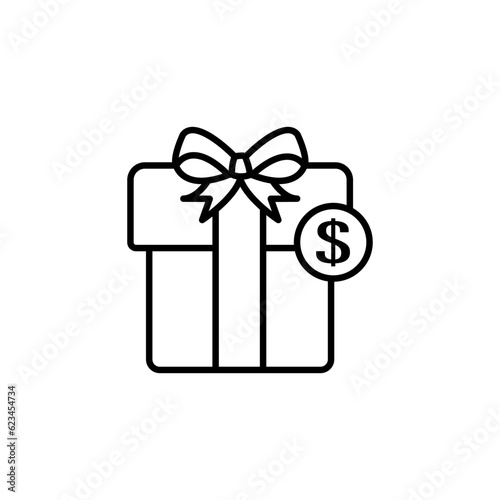 Gift box with ribbon and dollar coin sign, money prize, birthday present, bonus points, discount offer, vector mono line icon