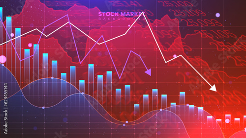 Declining stock market investment illustration, bankrupt financial information concept with arrows pointing down. Loss business statistics in red color