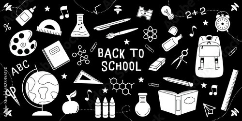 Back to School banner. School element, stationery in doodle style. Vector flat illustration. White school supplies on a black background.
