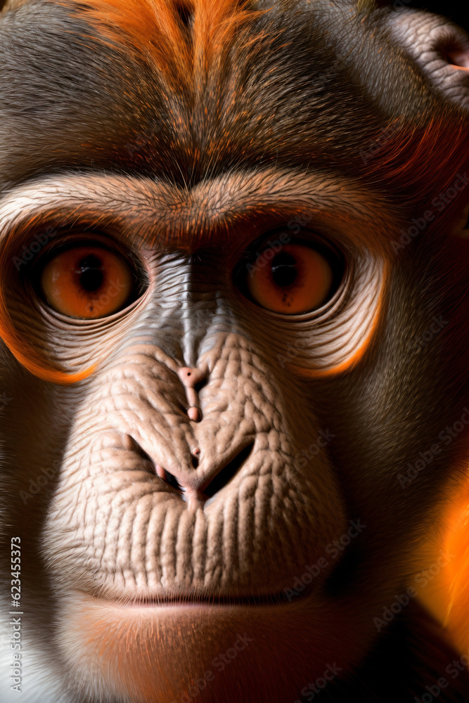 A Close Up Of A Monkey With Orange Eyes