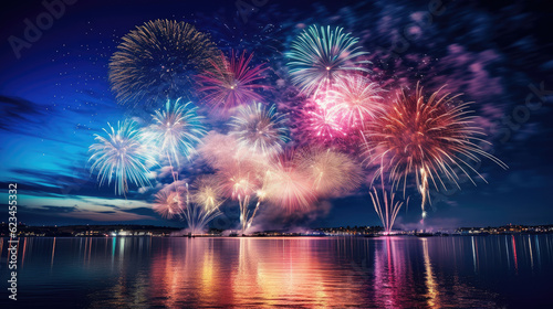 A large-scale firework show in the festival, gorgeous fireworks bloom in the sky and reflect in the water
