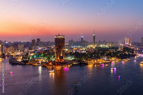 Cairo downtown, view of the Nile and the skyscrappers at night, Egypt © AlexAnton