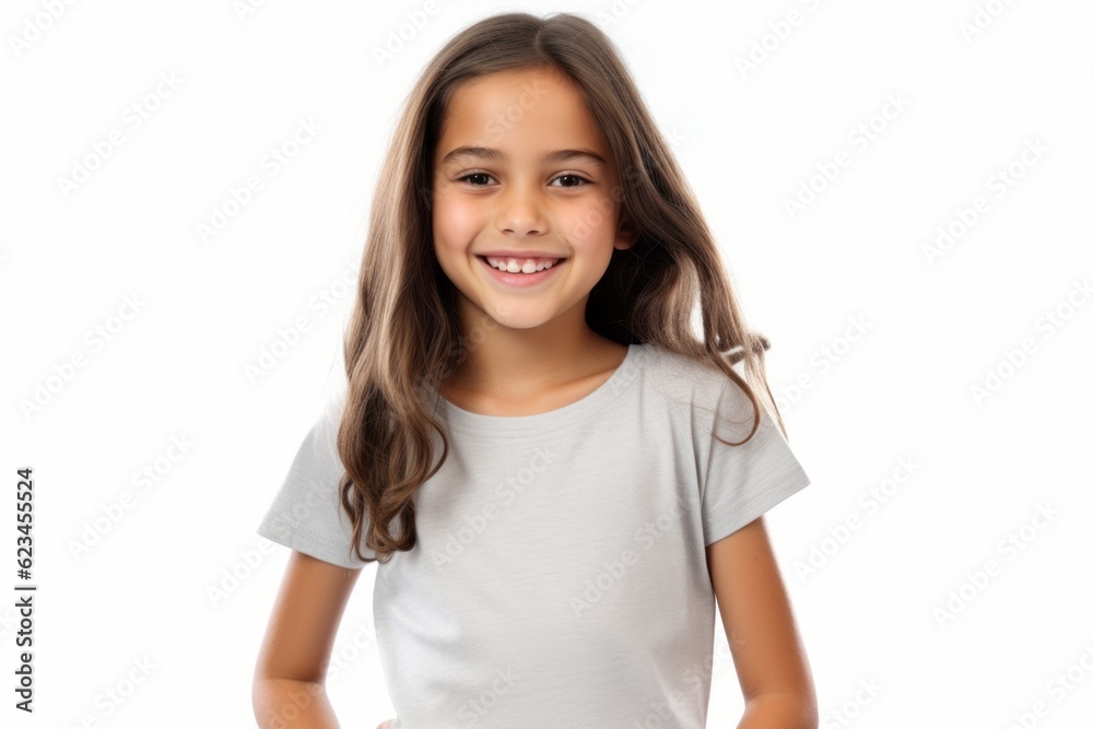 Casual fashion portrait photography of a glad kid female wearing a casual t-shirt against a white background. With generative AI technology Casual fashion portrait photography of a glad kid female wearing a casual t-shirt against a white background. With generative AI technology