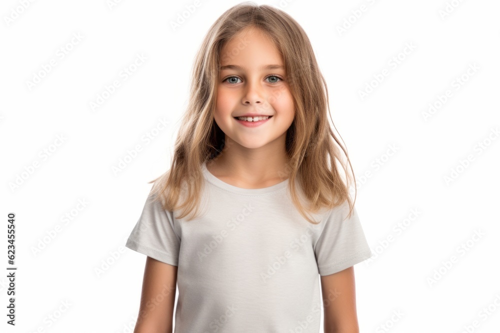 Casual fashion portrait photography of a glad kid female wearing a casual t-shirt against a white background. With generative AI technology Casual fashion portrait photography of a glad kid female wearing a casual t-shirt against a white background. With generative AI technology